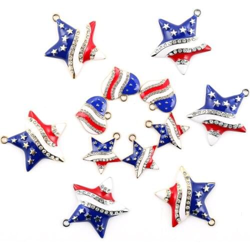 10Pcs Enamel American Flag Charms Pendants Crystal Star Heart Shape Charms For Women DIY Necklace Jewelry Accessories