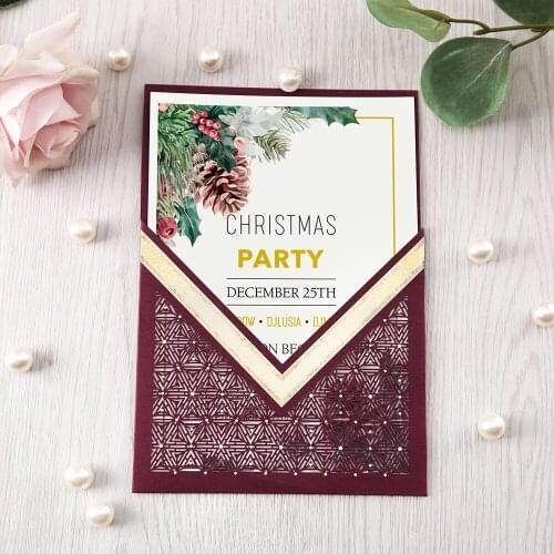 100pcs Burgundy Gold Navy Blue Red Vertical laser cut Quinceamera Anniversary party wedding invitation CW0009