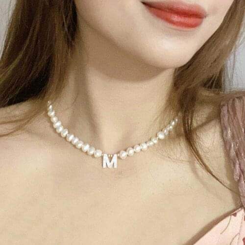 2021 Creative design Real freshwater pearl necklace Handmade Rice Bead trendy Jewelry for women 26 alphabet pendant choker