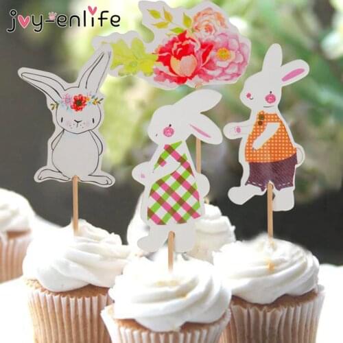 24pcs Easter Party Decoration Cupcake Topper Cute Cartoon Rabbit Kids Birthday Party Cake Decoration Easter Bunny Theme Supplies