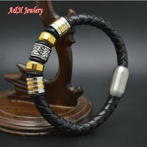 5pcs High Quality Gold Stainless Steel Charms PU Leather Bracelet For Fashion Men Jewelry Magnet Clasp Bangles #12