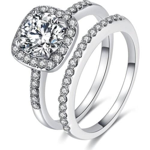 FNIO 2Pcs/Set Cubic Zirconia Wedding Rings For Women Silver Color Luxury Crystal Elegant Engagement Ring Lady Jewelry Gift