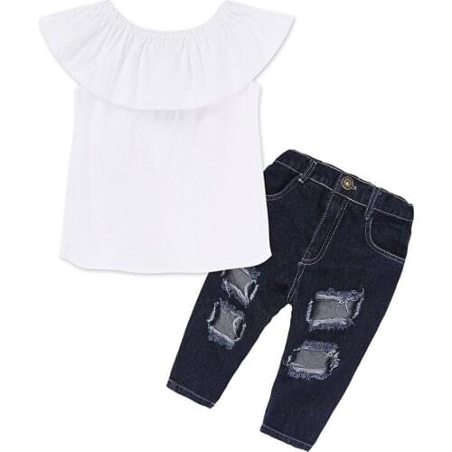 2021 Newborn Kid Girls Outfits Sets Cute Kids Solid Color White One-shoulder Top Fashion Girl Ripped Jeans Kids Two-piece Suits