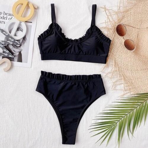 Summer Womens Swimwear Bathing Beachwear Sexy Bikini Tops Female Swimsuit Solid Ruffles Lace Up Sling Bikinis Bathing Suit