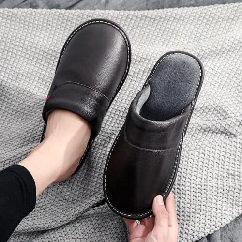 Mens genuine leather slippers simple solid high quality winter indoor furry shoes for man slippers