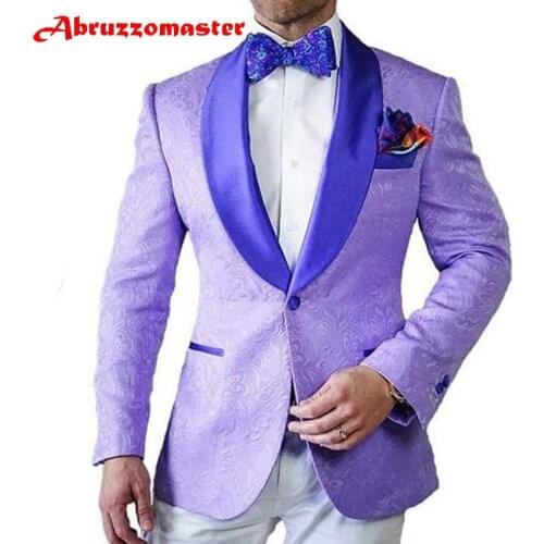 Abruzzomaster Purple Print Man Suit Shawl Lapel Tuxedos Custom Made Man Suit 2 Pieces Groom Tuxedos Floral Print Groomsman Suit
