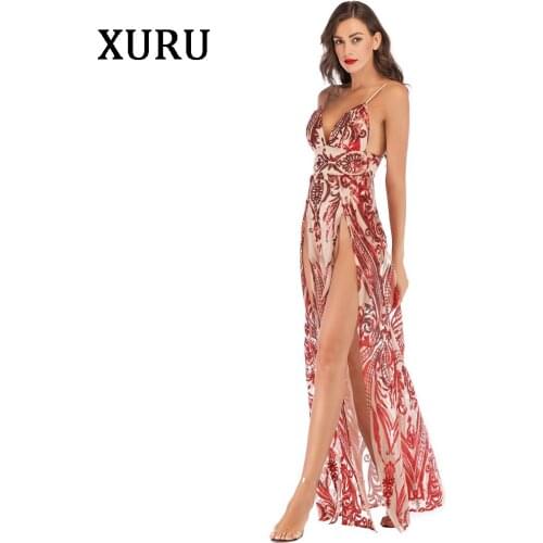 XURU new winter sequin dress sexy sling high split irregular dress red Slim sexy club party big swing dress