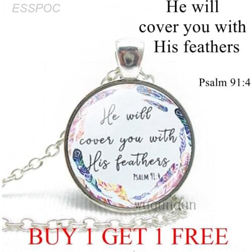He Will Cover You with His Feathers Bible Verse Quote Fashion Psalm Necklace Glass Jewelry Christian Pendant Women Friends Gift