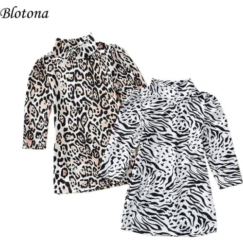 Blotona Little Girls Long Sleeve Straight Slim Dress Fashion Leopard Turtleneck Dress for Spring Autumn, 6Months-5Years