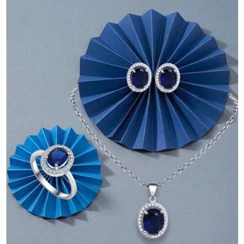 ROLILASON high-end dark blue zircon earrings / necklace / ring / jewelry set romantic Valentines Day gift JS785