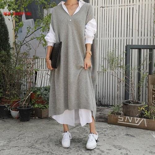 Vintage Casual Winter Oversize Thick Straight Sleeveless Sweater Dress Women Knitted Long Dress Female Knitted Vest Dresses 2020