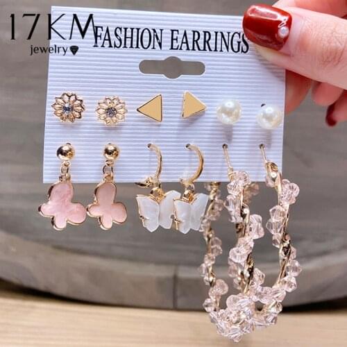 17KM Vintage Acrylic Pink Butterfly Earrings Set For Women Cute Geometric Pearl Drop Earrings 2021 NEW Wedding Jewelry Gift