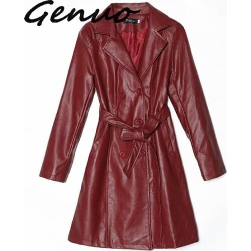Genuo Women Sheepskin PU Leather Jacket Belt Gothic Black Trench Free Wash Autumn Winter Double-breasted Plus Size Cotton Coat