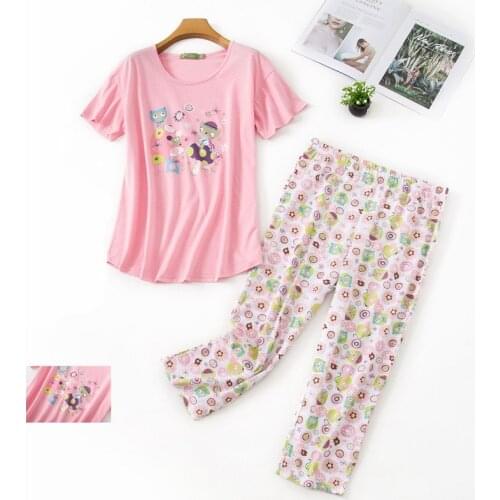 Womens Pajamas Pants Short Sleeve T-shirt 2 Piece/Set Sexy Hot Big Size Mom Home Top Women Cotton Sleepwear 2020 New Clothing
