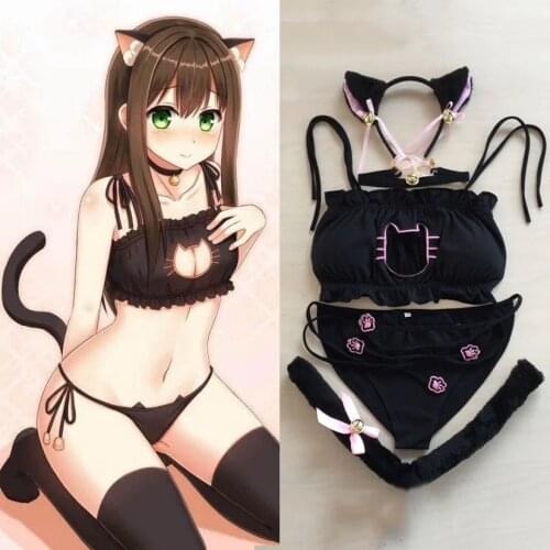 Lolita Maid Cat Ears Paw Cosplay Sexy Lingerie Anime Miku Ruffle Hollow Kawaii Bra Briefs Set Neko Embroidery Footprints Choker
