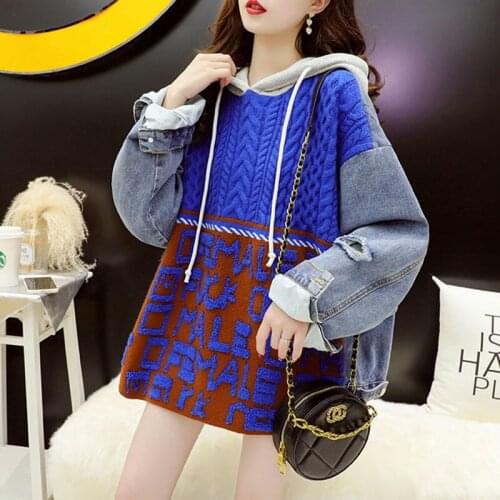 2021 Fall Winter Denim Stitching Hooded Sweater Jacket Streetwear Loose Casual Vintage Long Sleeve Knit Sweatshirts Pullovers