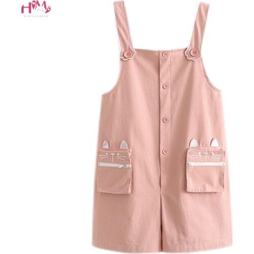 2021 Summer Cute Cat Embroidery Shorts Girls Pink Overalls Japan Kawaii Playsuits Women Aesthetic Sweet Casual Jumpsuits Rompers