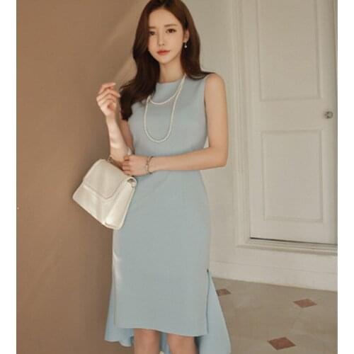 2020 Asymmetrical Dresses O Neck Sleeveless Wrap Elegant Bodycon Office Ladies Sexy Party Midi Mermaid Dress Summer Womens Dress