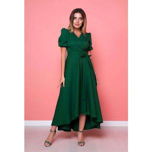Womens Emerald Asymmetrical Cut Dress Wraped Double Breasted Midi Solid Color Short Sleeve Zipper Woven Crepe Trend Double Breasted Collar