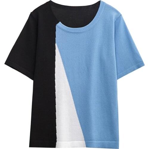 4XL Plus size O-neck Patchwork knit sweater pull womens new spring and Summer 2021 loose three-quarter sleeve bat shirt top