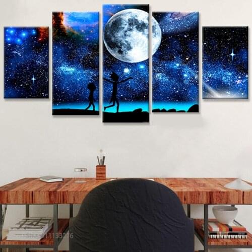 5 Piece Canvas Wall Arts HD Print funny cartoon Starry Sky Moon Poster Living Room Beautiful Night Landscape Picture for Kids