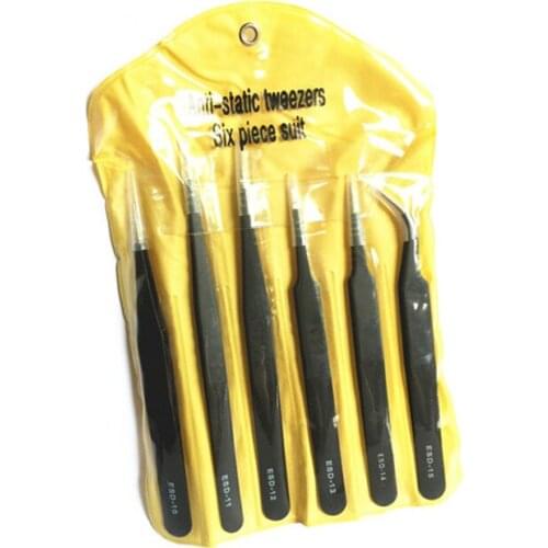 6pcs=One Set Professional Anti-Static Stainless Steel Tweezers Maintenance Tools Kits For small electronics Repair