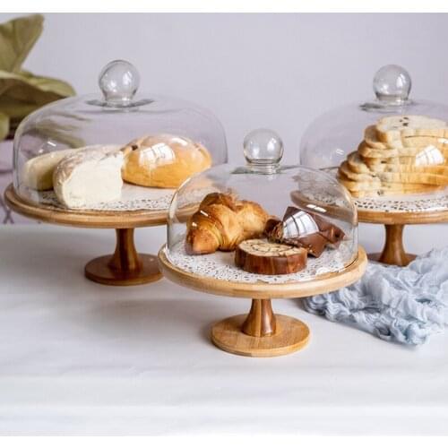 High foot cake bamboo tray bread fruit trial plate with glass cover photo display shelf snack storage stand with lid set