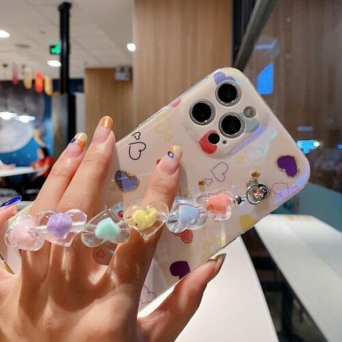 Cute Love Heart Diamond Phone Case For iphone 12 Pro Max X XS XR 7 8 Plus Bling Bracelet Back Shell For Funda iphone 11 Cover