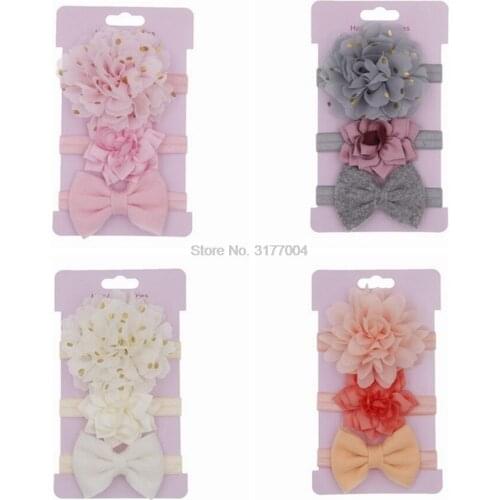DHL 100set 3pc/set Kids Elastic Floral Headband Girls Kawaii Bowknot Flower Lace Headwear Set