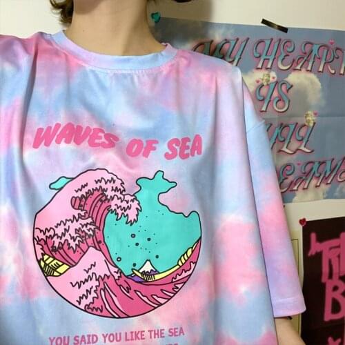 Japanese cute ocean wave cartoon print T-shirt Korean casual o-neck loose top y2k streetwear Harajuku Kawaii womens T-shirt
