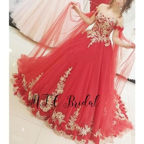 Graceful Red Arabic Evening Dress With Gorgeous Lace 2019 New Sweetheart Off The Shoulder Tulle Long Prom Gowns Custom Made