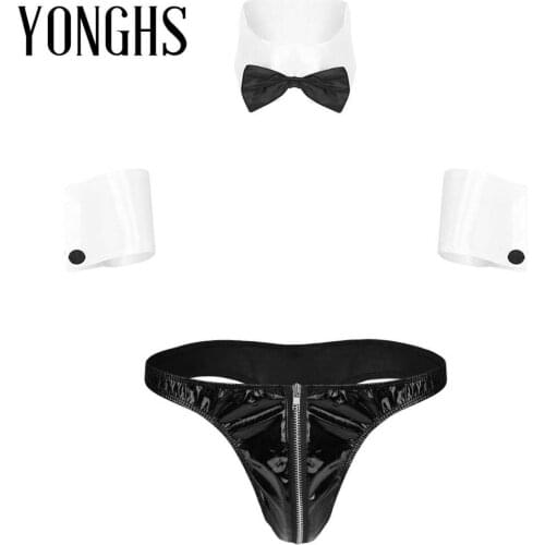 Mens Sex Roleplay Cosplay Costume Sexy Lingerie Set Front Zipper Patent Leather Patchwork Briefs Underwear with Collar and Cuffs