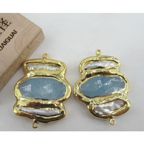 2PC Cultured White Biwa Pearl Blue Jade Pendant Double Ring Metal Bezel Connector Jewelry Making DIY