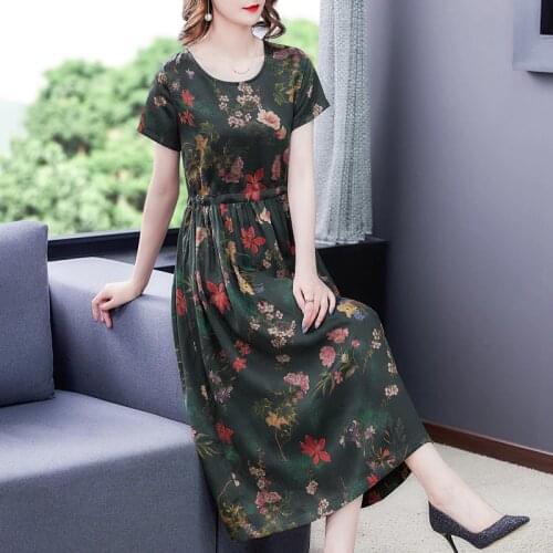 Summer Green Print Bodycon Silk Midi Dresses 2021 Vintage Satin 4XL Plus Size Short Sleeve Sundress Elegant Women Party Vestidos
