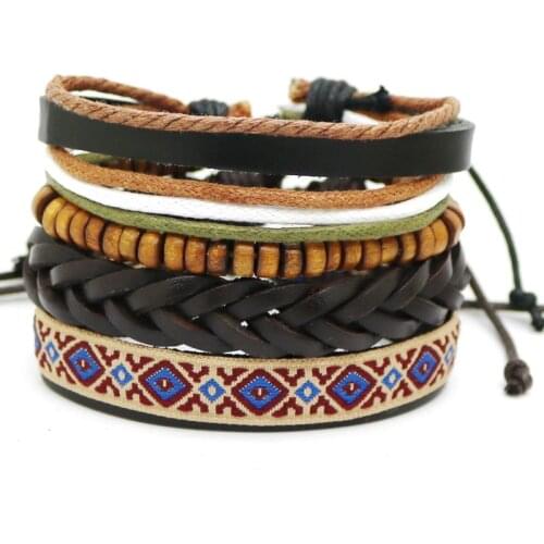 New Fashion accessories Rope Wood Bead Leather Bracelets & bangles 1 Sets Multilayer Braided Wristband Bracelet Men pulseira
