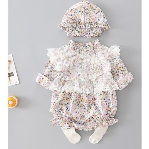 Fashion Baby Girl Jumpsuit Spring Autumn Newborn Baby Girl Clothes Princess Lace Floral Long Sleeve Romper+Hat 2Pcs Suit 0-18M