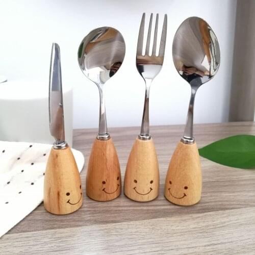 Cute smiling face cutlery set with wooden handle beech wooden handle stainless steel cutlery childrens cutlery gift box