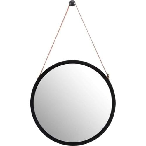 New Hanging Round Wall Mirror in Bathroom & Bedroom - Solid Bamboo Frame & Adjustable Leather Strap (Black, 15 Inch)
