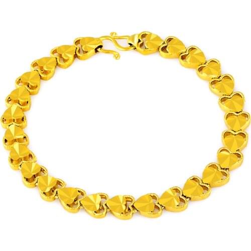 Wholesale pure gold color 7MM hearts link chain bracelet F Women 19CM. 24k GP Luxury High Quality womens Jewelry,women Bracelet