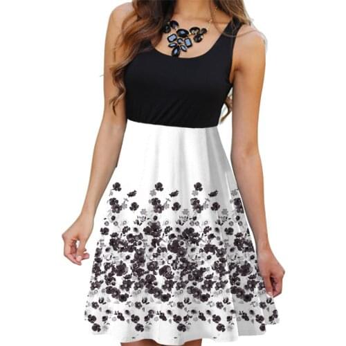 Summer Tank Women Floral Printed Dress Sleeveless Casual O-Neck Dress Ladies Slim Elastic Waist A-Line Mini Dress Vestidos