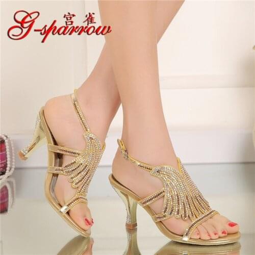 Casual Shoes Summer 2020 Hollow Diamond Flower Fashion High-heeled Open Toe Gold Stiletto Sandals Women