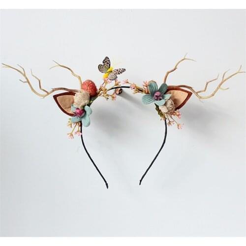 1pc Women Girls Christmas Fairy Tale Flower Headband Retro Tree Branch Deer Ears Antler Hair Hoop Crown Festival Party Props