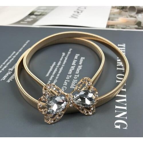 Elastic gold chain belt stretch silver metal rhinestone belts for women shiny strass cinturon mujer no buckle thin easy belt