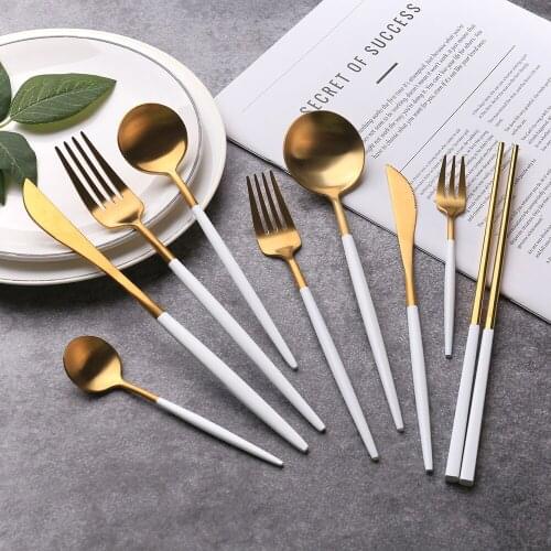 Stainless Steel Knife Fork Spoon Dinnerware Gold White Teaspoon Dinner Fork Chopsticks Flatware Kitchen Dinner Wedding Cutlery