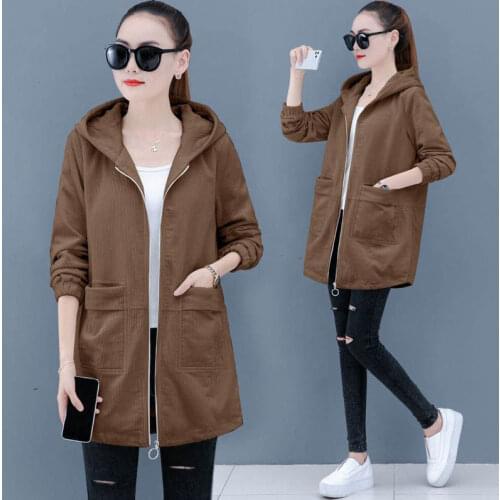 Corduroy Jacket For Women 2021 Spring Autumn Korean Style Plus Size L-5XL Middle-aged Mother Casual Hooded Windbreaker Coat