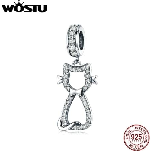 WOSTU Sweet Cat Animal Dangle Charm 925 Sterling Silver Zircon Beads Fit Original DIY Bracelet Silver 925 Jewelry Making CQC1162