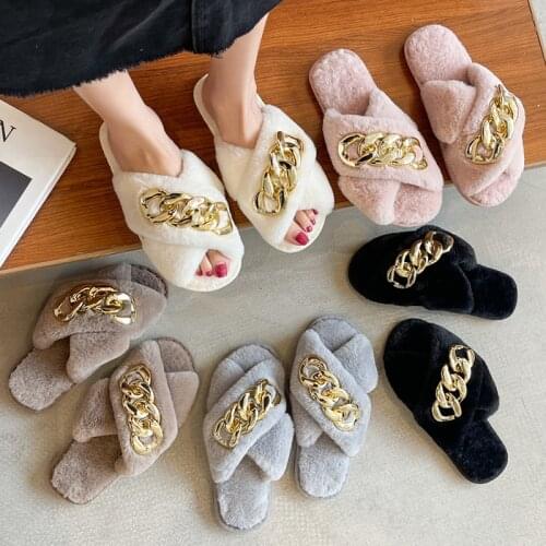 2021 Winter New Women Home Fur Slippers Fashion Chain Decoration Sexy Open Toes Ladies Slippers Bedroom Girls Plush Shoes