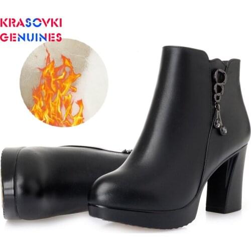 Krasovki Genuines Winter Leather Women Boots High Heeled Waterproof Platform Wool Warm Short Boots Thick Bottom Slip Ankle Boots