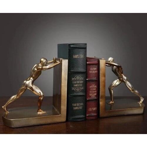 1 Pair Decorative Book Shelf Bookends, Golden Man Pushing Book Support，European retro creative ornaments