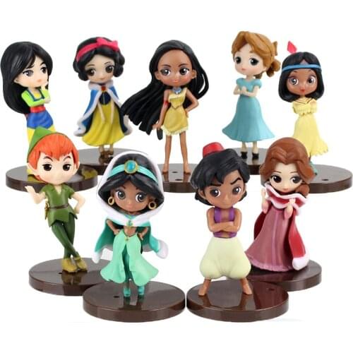 7-8cm 9pcs/Lot Q Posket Snow White Belle Aladdin Pocahontas Lily Peter Pan Mulan Jasmine Princess PVC Figures Model Toys Gift